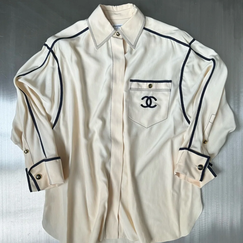 Chanel Vintage Embroidered Logo Button Down in Cream and Navy - Picture 1 of 7